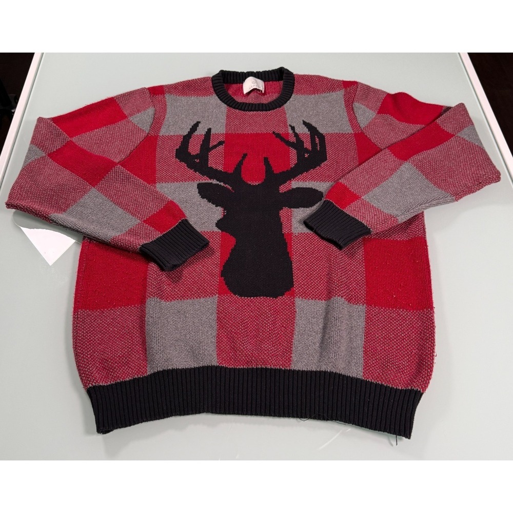 Aspen Crew Neck Knit Sweater Mens XL Red & Gray Buffalo Plaid Stag Motif Preppy